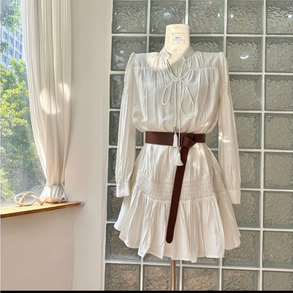 White dress long sleeve dress waist-cinched with belt